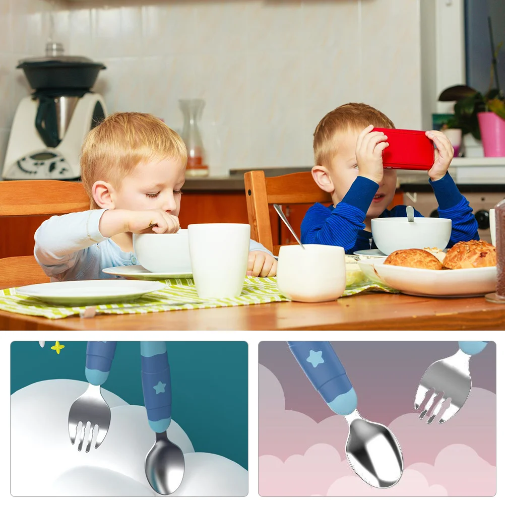 Juego de tenedor y cuchara de acero inoxidable para bebé, utensilio ligero y ergonómico para niños pequeños, vajilla para entrenamiento de alimentación, mano y ojo, 1 Juego