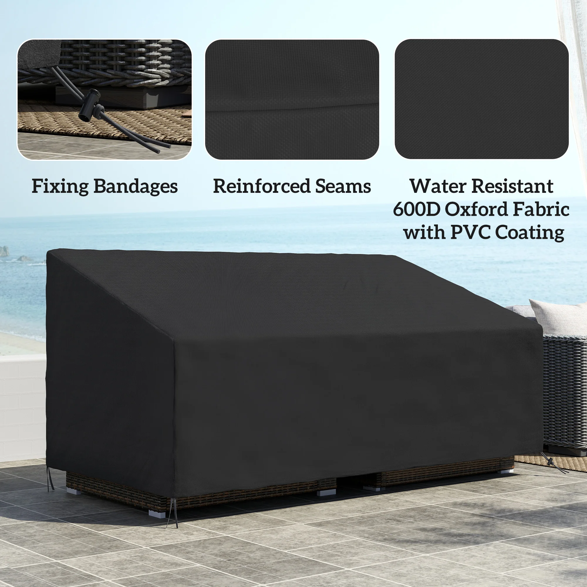 Outsunny Funda para Banco de Jardín 3-4 Plazas, Funda Sofá Exterior Impermeable, Tela Oxford 600D con Recubrimiento Resistente a los Rayos UV y al Polvo, 218x111x63/101 cm para Patio, Terraza, Negro - imagen 4