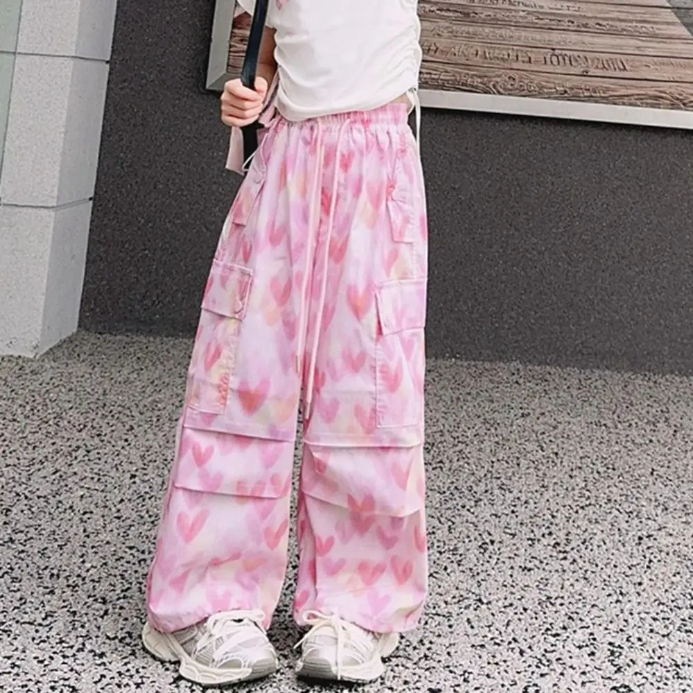 Pantalones Cargo holgados con múltiples bolsillos, pantalones para correr Y2k, pantalones de pierna ancha, pantalones con estampado de corazón y cordón de cintura alta, ropa de calle para chica - imagen 4