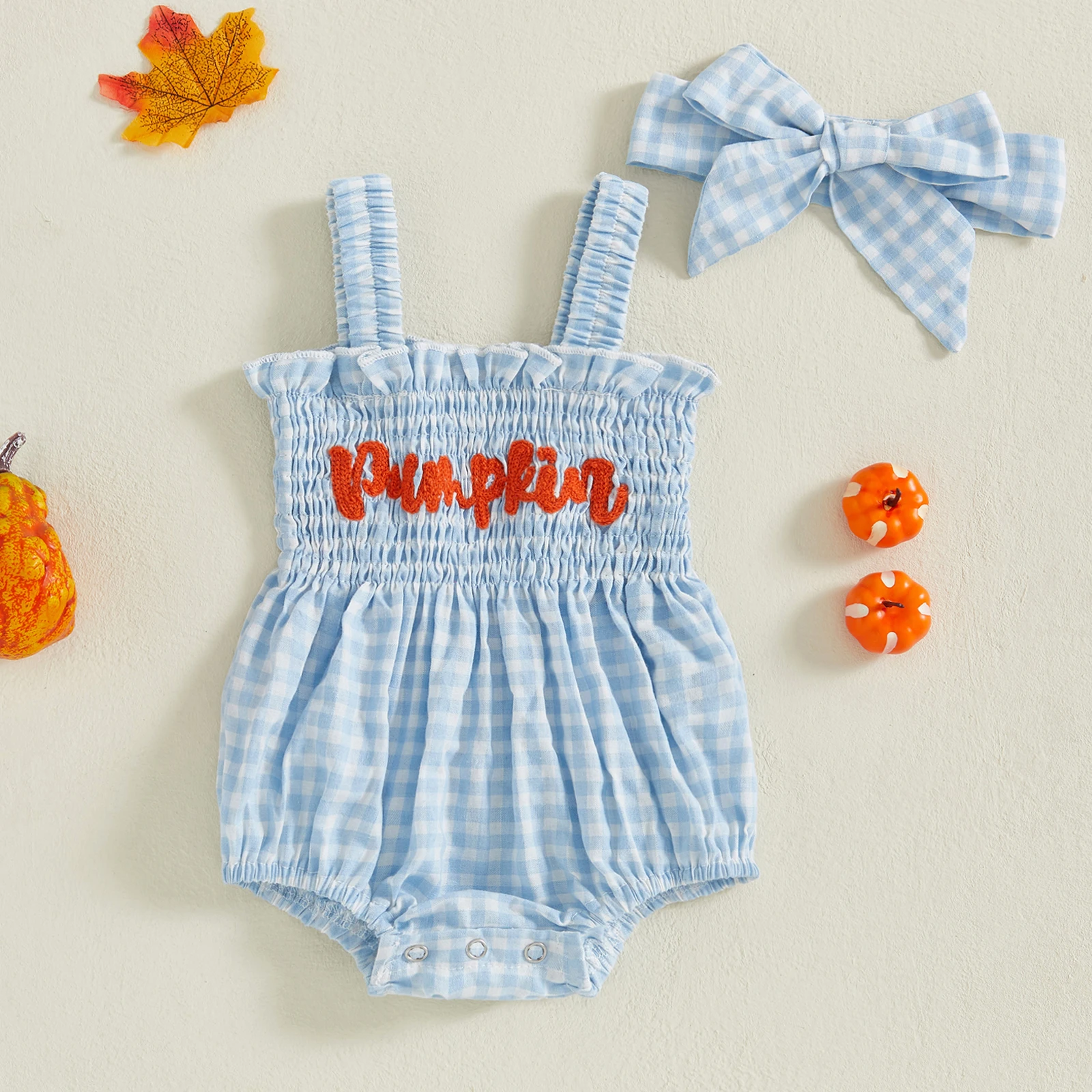 VISgogo Traje de Halloween para niña de 0 a 18 meses, a cuadros, con bordado de calabaza, sin mangas, mameluco general ahumado, diadema, conjunto de 2 piezas - imagen 3