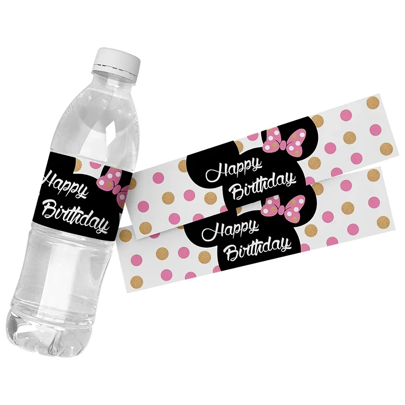 6 uds. De etiquetas de vino para botella de agua de cumpleaños de Minnie Mouse de Disney, pegatinas para caja de regalo, envolturas para bolsas de dulces, suministro de decoración para fiesta de Baby Shower - imagen 5