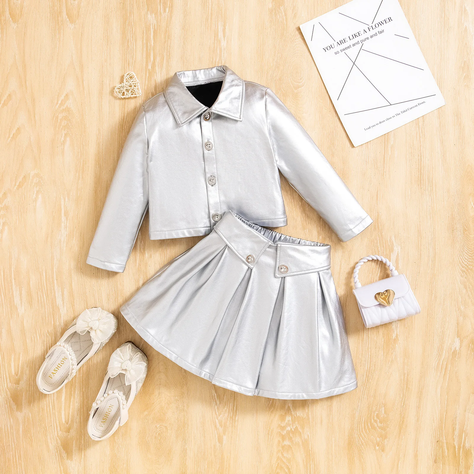 2 piezas 2025 primavera otoño ropa de niña moda coreana manga larga PU Tops + falda conjuntos para niños Boutique ropa para niños B111 - imagen 2