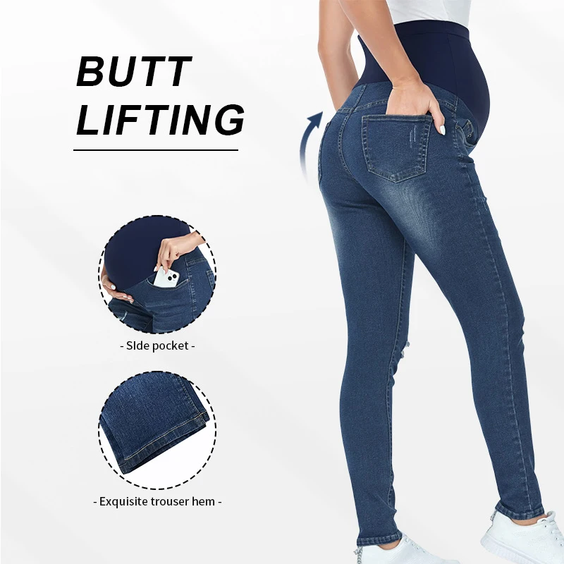 Otoño e Invierno nuevos pantalones vaqueros ajustados de cintura alta para mujeres embarazadas que apoyan la cintura levantando la cadera pies pequeños pantalones elásticos de maternidad - imagen 3