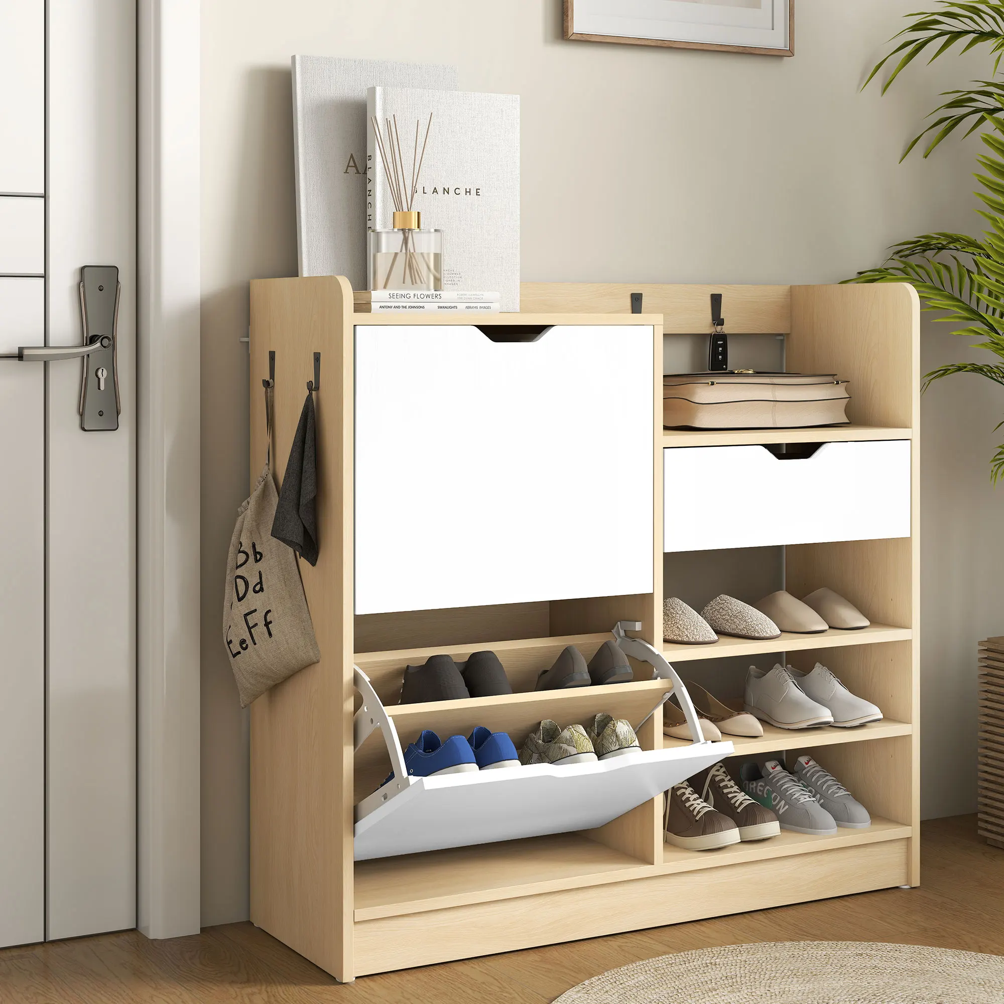 HOMCOM Zapatero Estrecho con 2 Puertas, Zapatero Entrada Recibidor con Estantes Ajustables, Cajón, Estantes Abiertos, 4 Ganchos, para 14 Pares de Zapatos, 93x30x90 cm, Natural y Blanco