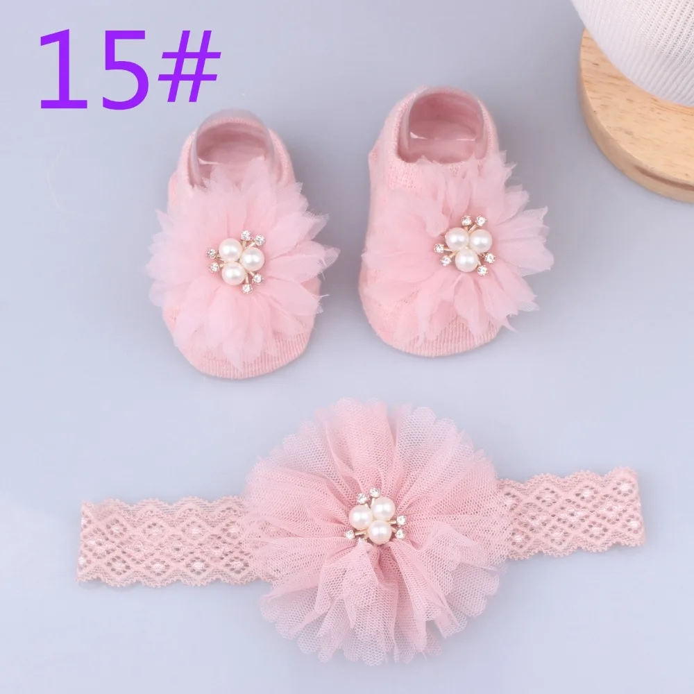 Conjunto de calcetines con diadema de algodón y encaje Kawaii para bebé, calcetines antideslizantes, cómoda banda para el pelo para recién nacido, lazos de perlas, turbante para bebé
