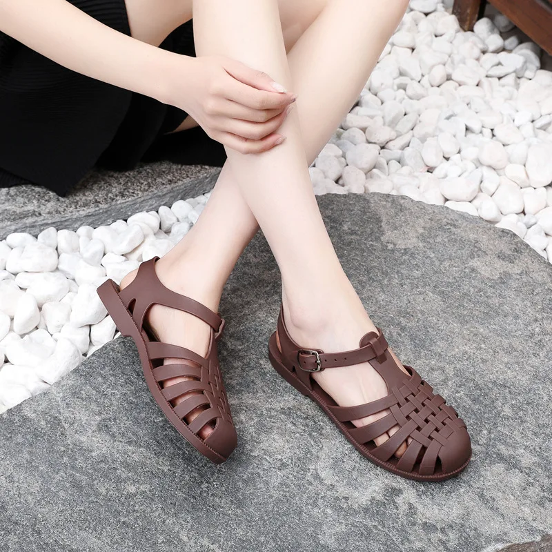 Nuevos zapatos de gelatina de verano para mujer, Sandalias planas de ocio de PVC suave con punta cerrada recortada para niñas, zapatos planos para caminar a diario, Sandalias de playa - imagen 5