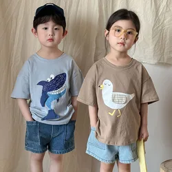 MILANCEL, nueva camiseta de verano para niños, camiseta de tiburón de dibujos animados para niños, camisetas holgadas de estilo fino, prendas de vestir para niñas, ropa de algodón