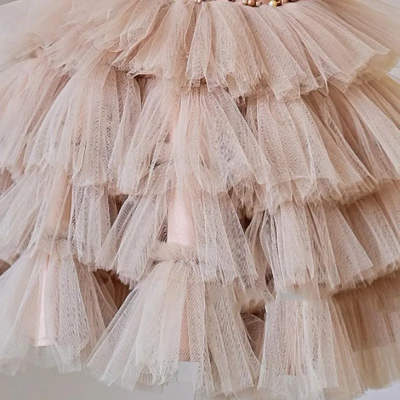 Vestido para niños 2025, nuevo vestido beige con tirantes en capas y lentejuelas para niñas, falda de malla esponjosa, pajarita - imagen 3
