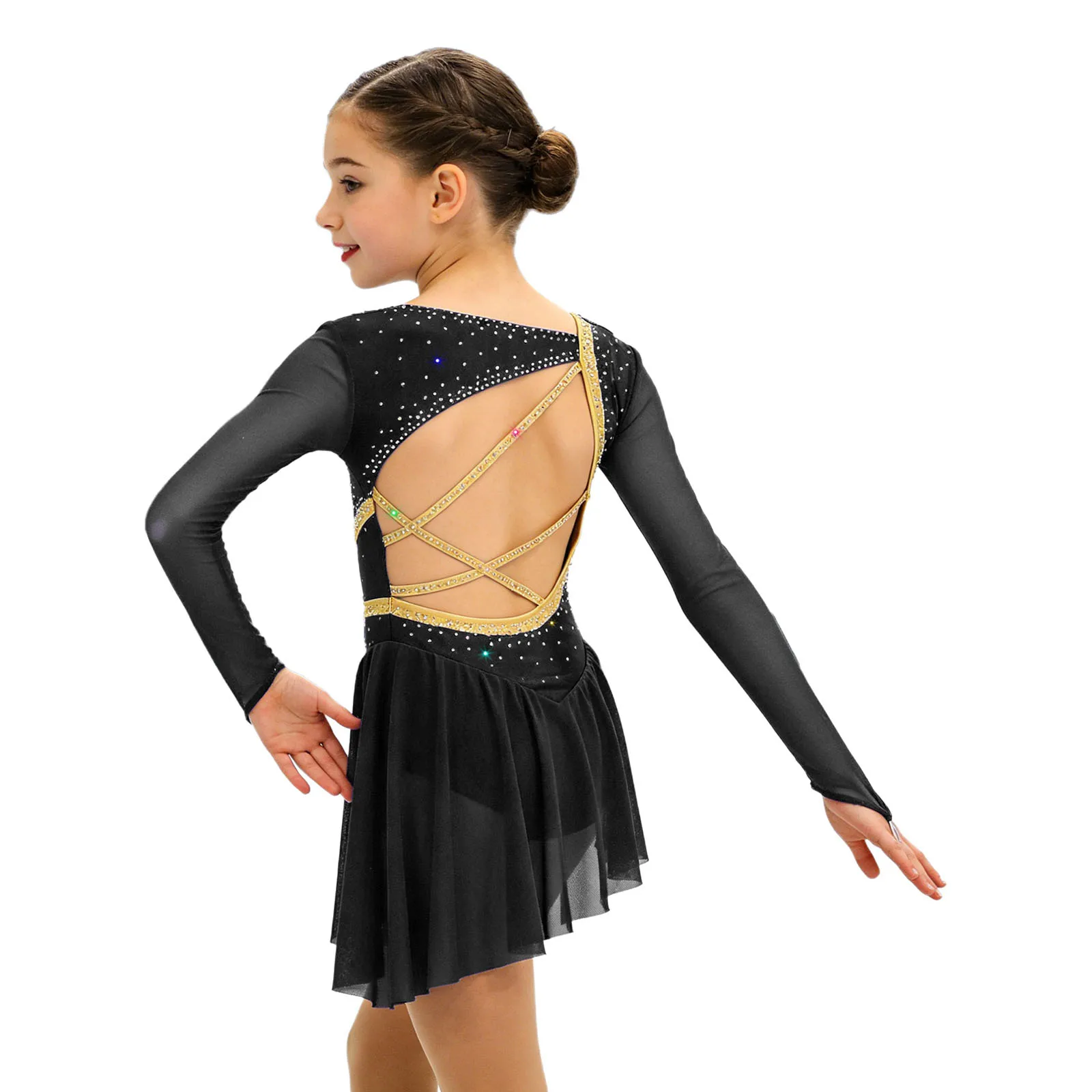 Vestido de ballet con pedrería brillante y tul de malla para niñas