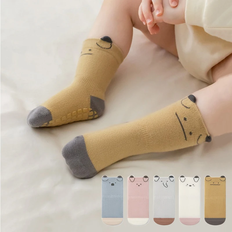 Calcetines de suelo para bebé de 0 a 5 años, calcetines antideslizantes con orejas de dibujos animados para primavera y otoño, calcetines de algodón para caminar para niños pequeños