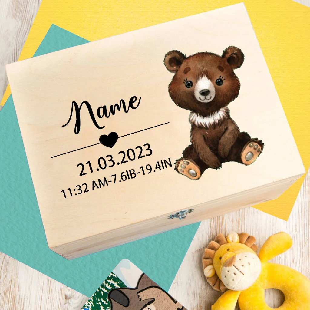 Caja de madera personalizada para bebé, regalo para bebé recién nacido, caja de memoria infantil personalizada, caja de madera con estampado de animales, regalo para estacas de nacimiento, regalo para nueva mamá - imagen 4