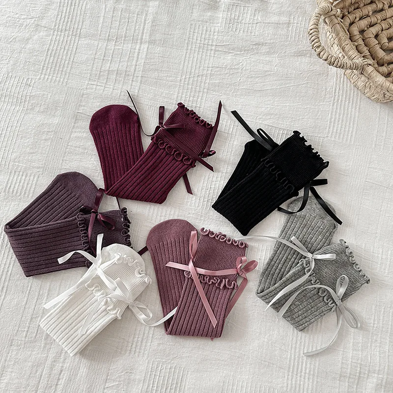 2026 calcetines de primavera para niños, calcetines con lazo para niñas, calcetines sólidos con lazo y volantes, calcetines sin tacón para niños para niñas - imagen 2