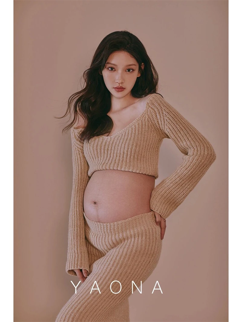 Accesorios de fotografía para mujer, vestidos de maternidad, Tops tejidos de color caqui, falda, conjunto de 2 uds., ropa informal para sesión de fotos de estudio coreana - imagen 2