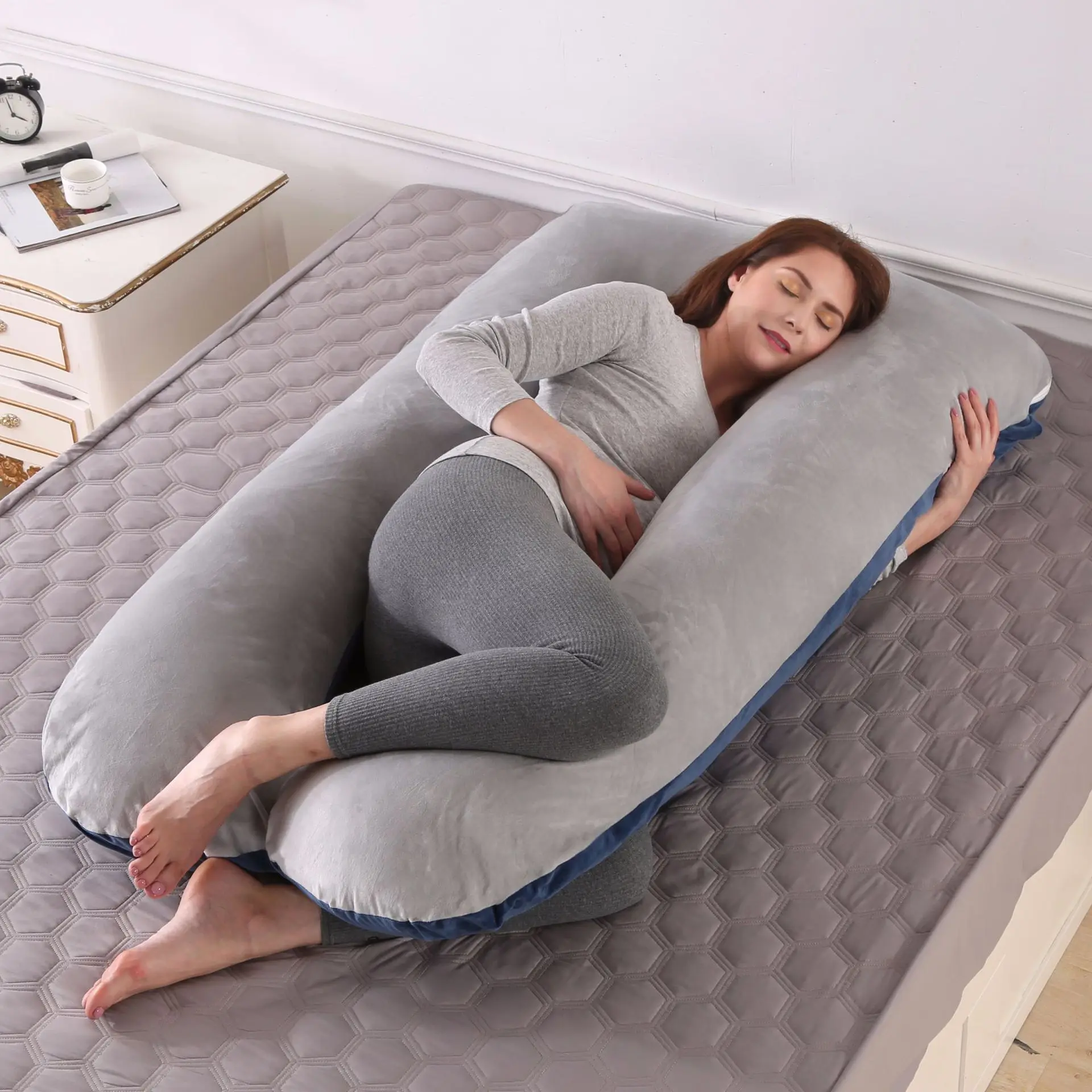 Almohada para embarazadas, almohada de terciopelo de cristal en forma de U para embarazo, soporte para la cintura, almohada para dormir lateral, núcleo corporal para embarazo