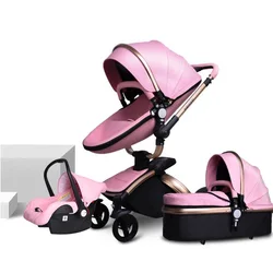 Cochecito de bebé 3 en 1 piel PU – Plegable diseño lujo infantil