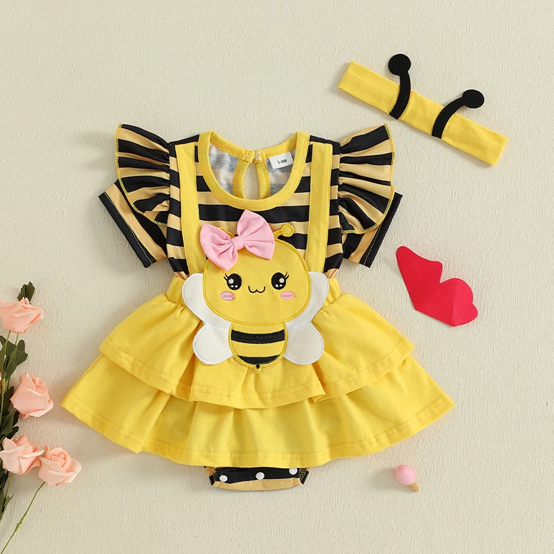 VISgogo mameluco de recién nacida niña con rayas y diadema abeja