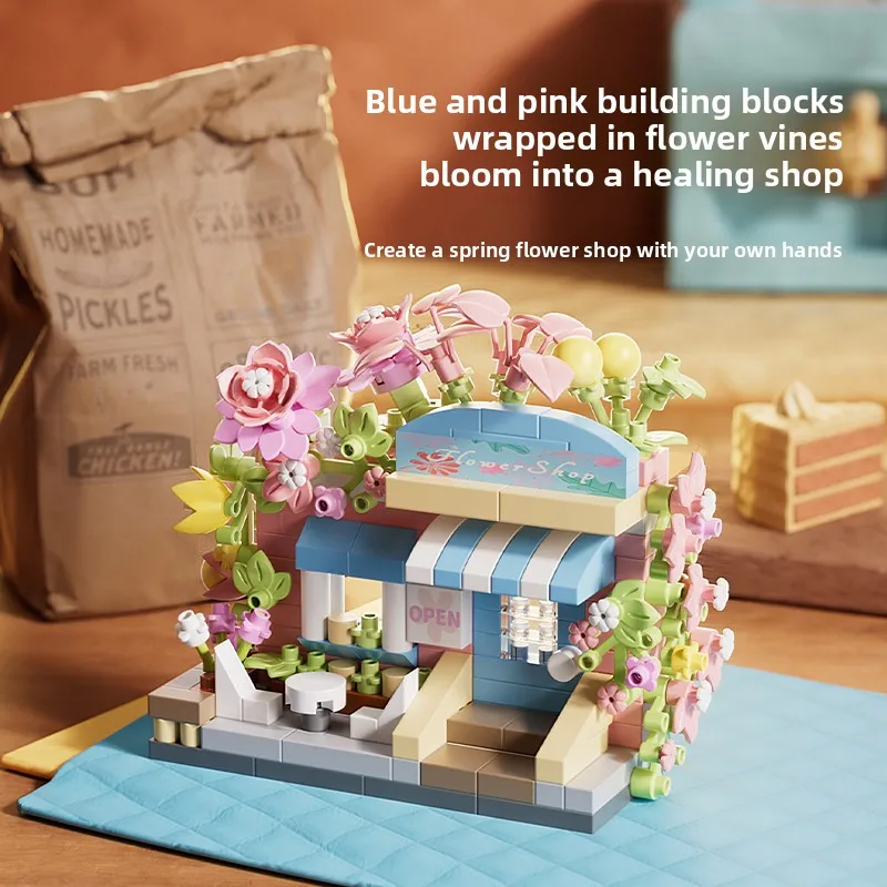 Bloques educativos mini ciudad con tienda de flores