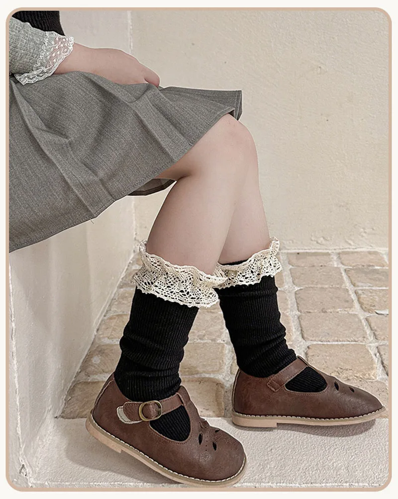 Nuevos calcetines hasta la rodilla de primavera para niños 3-10T calcetines de tubo para niñas con adornos de encaje dulce estilo Preppy calcetines para niños en 6 colores - imagen 4
