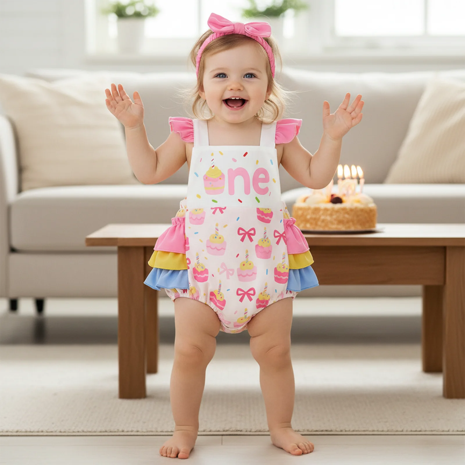 Suefunskry Mameluco de cumpleaños para bebé niña con manga voladora y cuello cuadrado con estampado de magdalenas y diadema con lazo