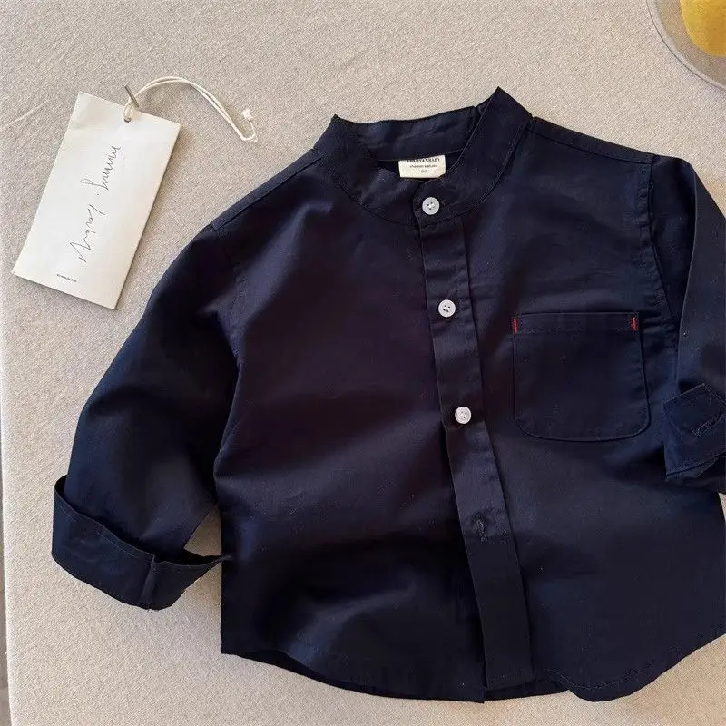 Camisa a rayas de estilo coreano para niños, camisa con bolsillo de Color sólido para niños y niñas, Top versátil de moda para bebés, otoño - imagen 4