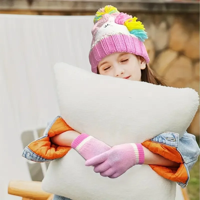 Gorro de unicornio bonito para niñas, conjunto de gorro y guantes de invierno, gorro de punto, conjunto de manoplas con tapa abatible para niños pequeños y niñas - imagen 2