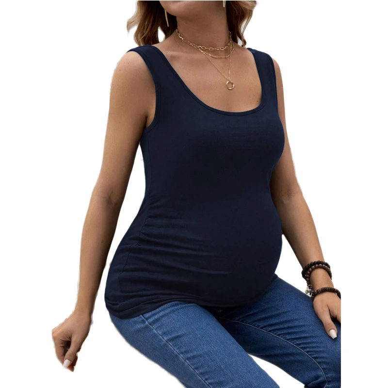 Camisetas sin mangas de maternidad para mujeres embarazadas, chaleco de Yoga atlético sin costuras, camisola fruncida lateral de embarazo