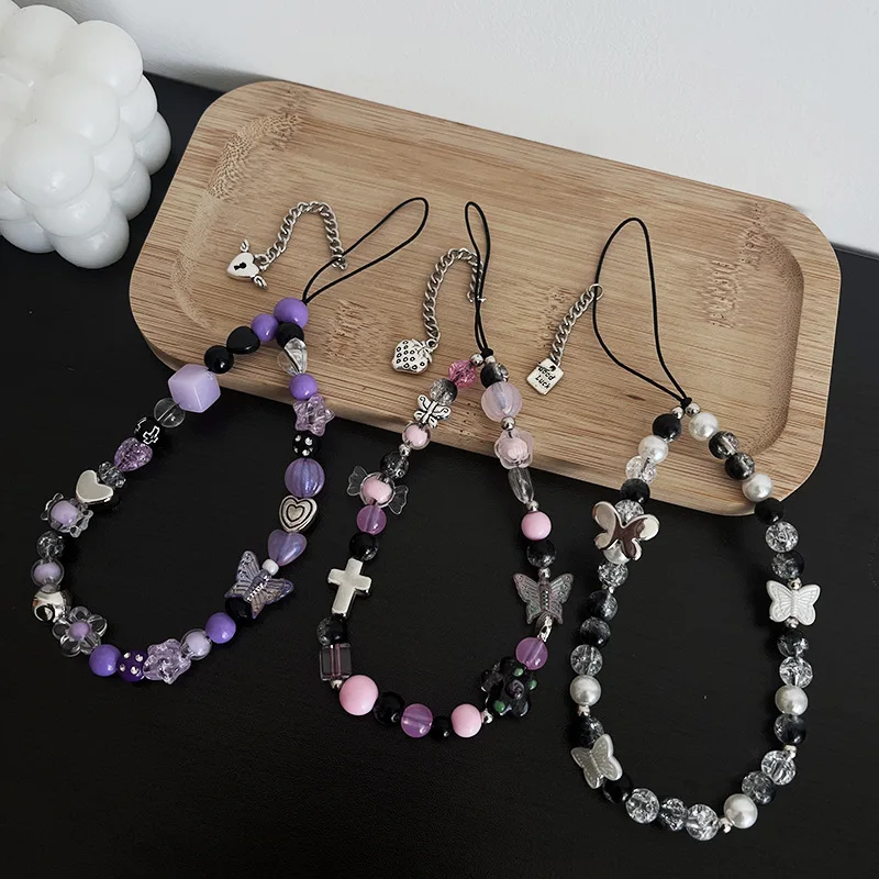 Pulsera mariposa niña con cuentas de flores y cadena para móvil - imagen 3