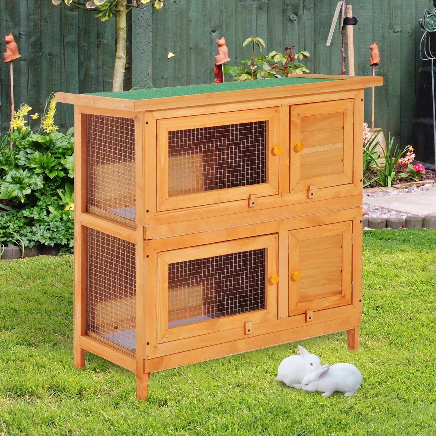 PawHut Conejera de Madera Exterior de 2 Niveles Jaula para 1-2 Conejos Mascotas Pequeñas con Techo Asfáltico Abrible y 2 Bandejas Extraíbles 90x45x90 cm Madera Natural - imagen 2