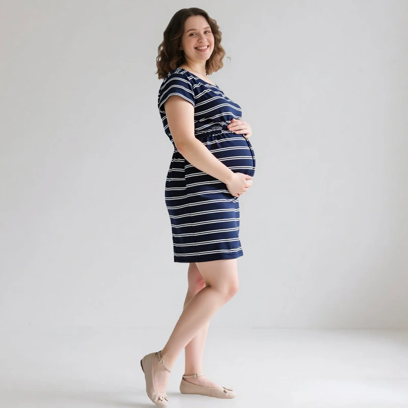 Vestido de maternidad de verano, ropa de embarazo, vestidos sueltos de manga corta, vestidos de talla grande a rayas para mujeres embarazadas
