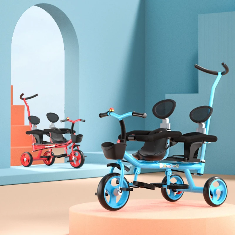 Triciclo doble para niños con barandilla de seguridad, asiento desmontable con freno trasero antideslizante, portabebés doble plegable para viajes en centros comerciales al aire libre - imagen 5