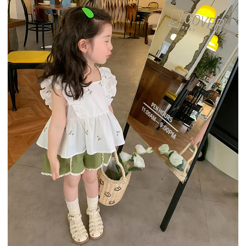 Milangel-Conjunto de ropa con bordado Floral para niñas, camiseta y pantalones cortos, ropa de verano