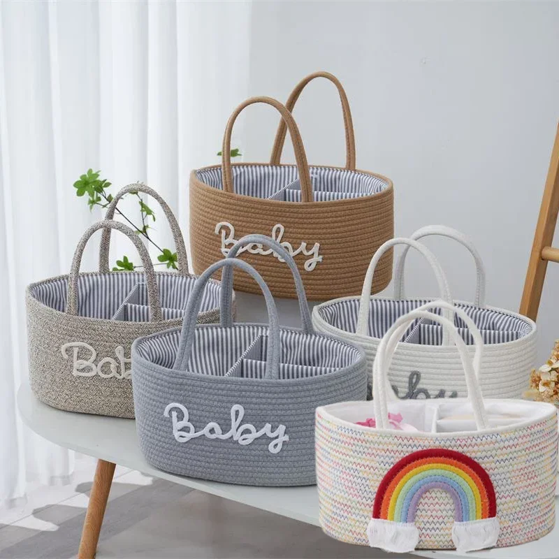 Bolsas de pañales para bebés, bolso de mano para mamá, bolsa multifuncional de cuerda de algodón para pañales, bolsa para biberones, organizador de juguetes, cesta de almacenamiento - imagen 2