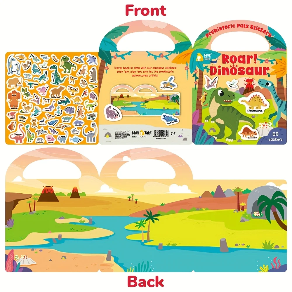 Libro de colección de pegatinas reutilizable para niños pequeños, vehículos de dinosaurios, viñetas de animales divertidos, pegatina ocupada, juguete para regalo para niños y niñas - imagen 3