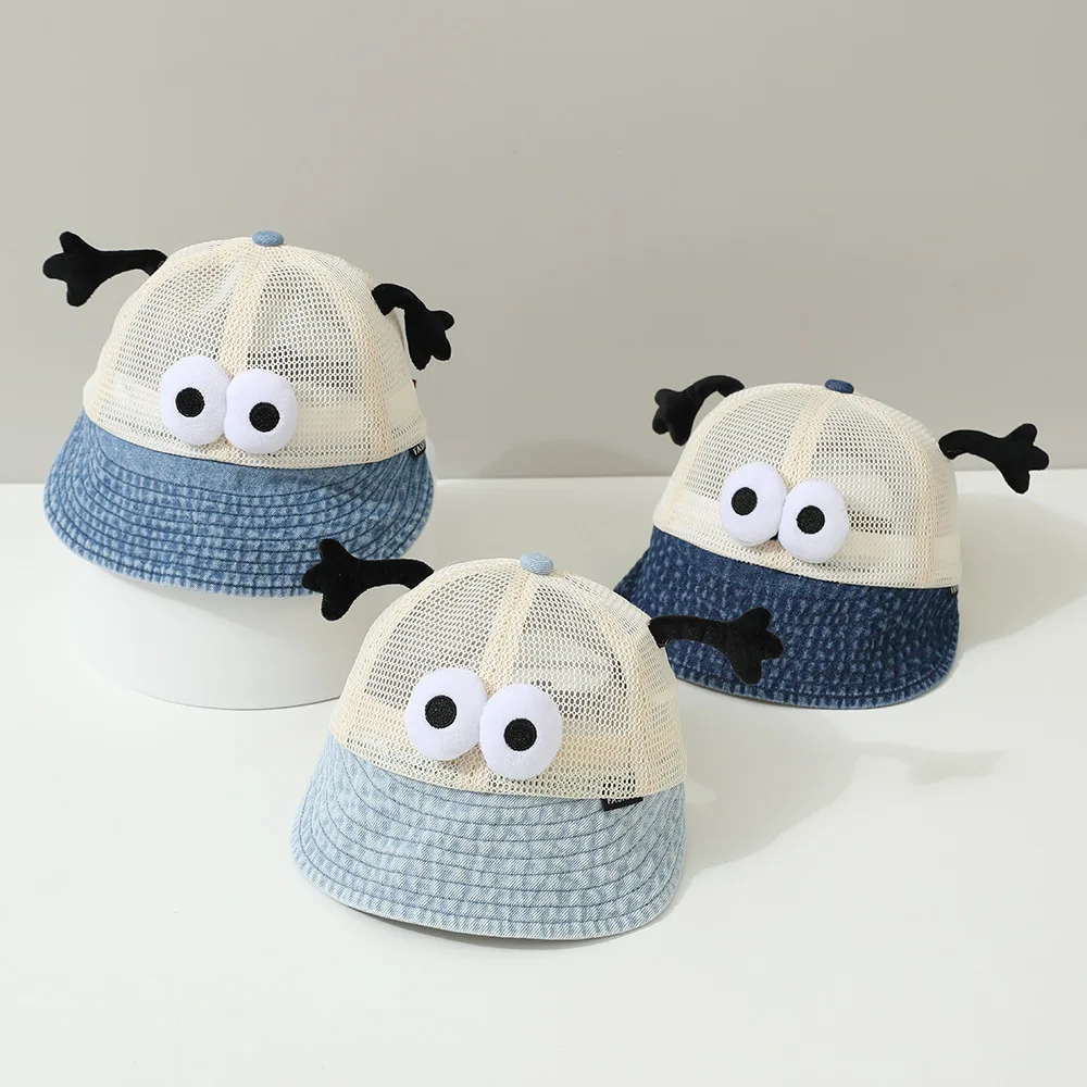 Nuevo lindo dibujo de ojos grandes niños gorra de lengua de pato Denim de ala corta de malla sombrero para el sol del bebé niño niña Snapback gorras de béisbol sombrero del niño - imagen 2