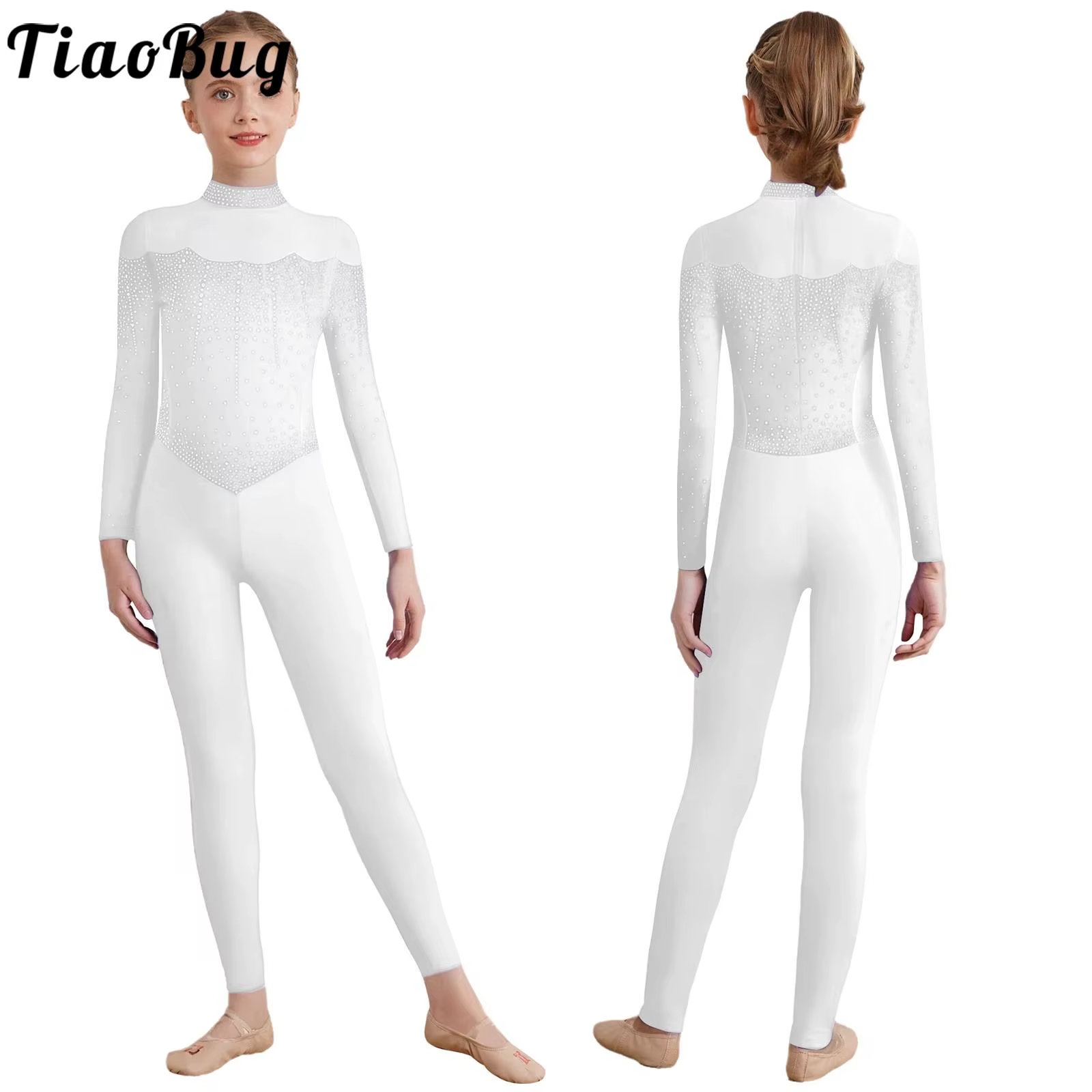 Leotardo de danza con pedrería para niña – Manga larga translúcida