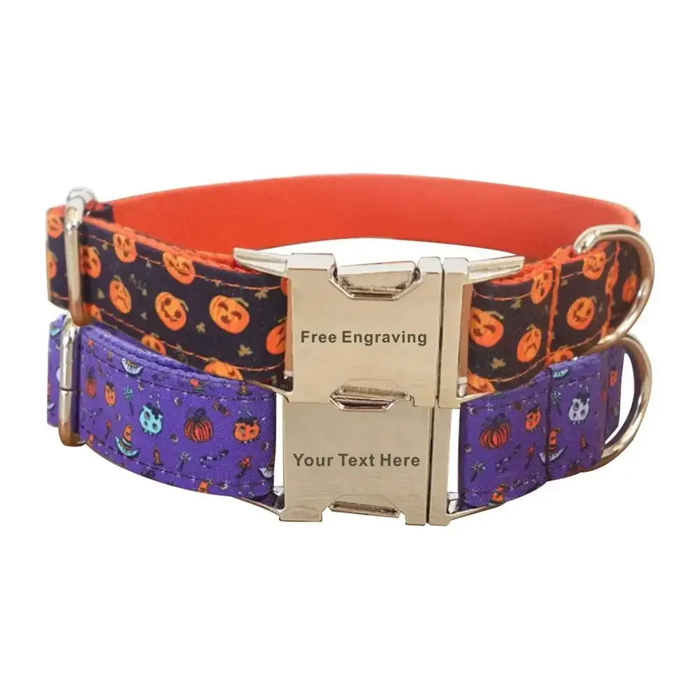 Collar de perro personalizado con grabado gratuito, correa para mascotas a juego, hebilla de contactos personalizados, Collar para mascotas de calabazas moradas y naranjas