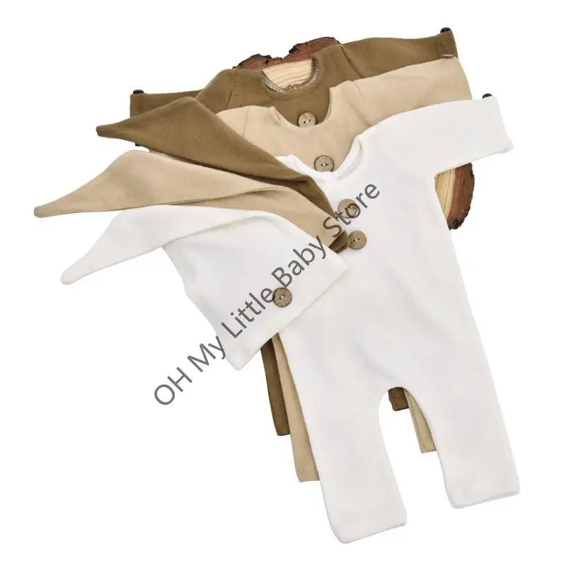 M76C 2pcs Baby Baby Comper Botón sólido Jobsuito con trajes fotos sombrero cola larga - imagen 3