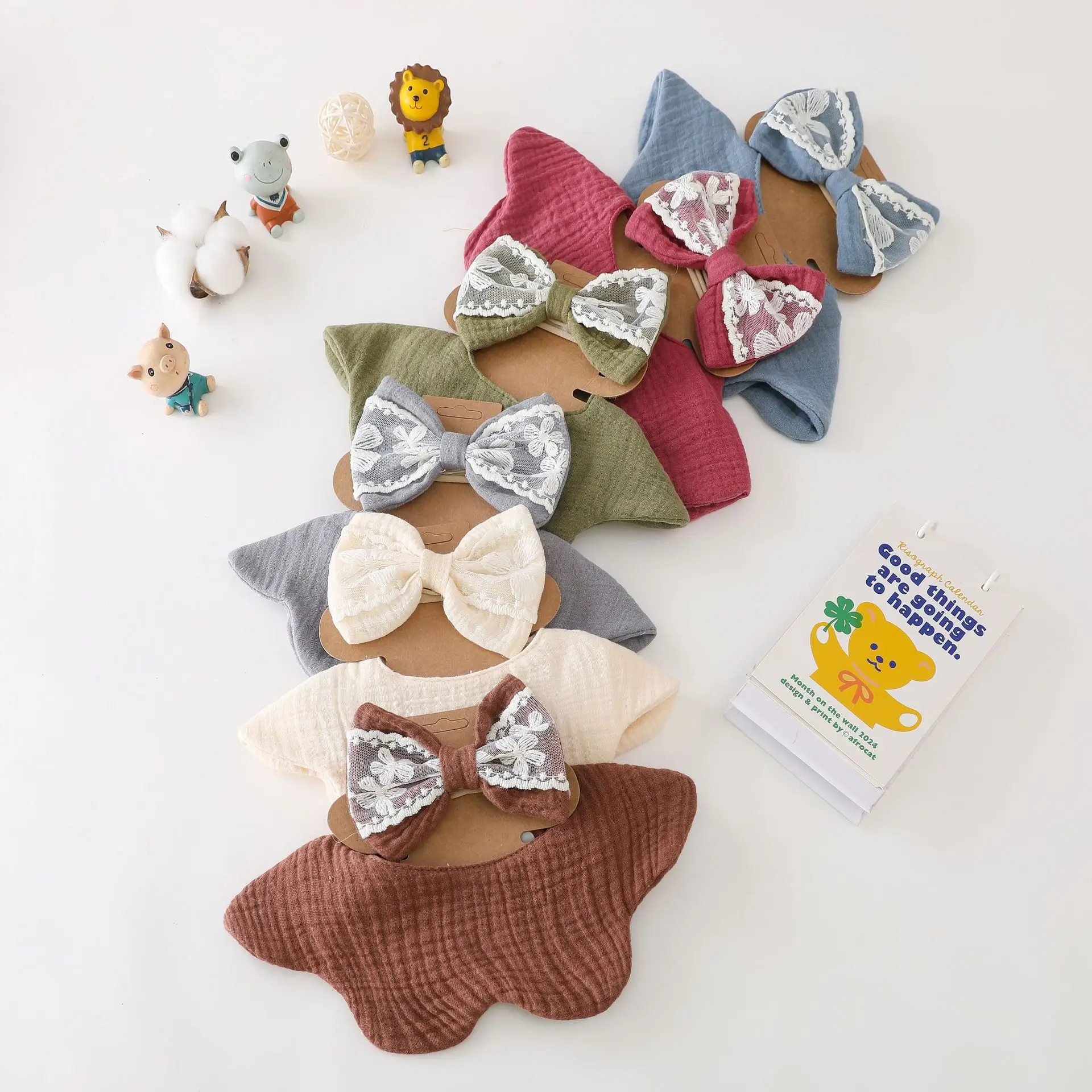 Babero bebé algodón suave – Set con diadema lazo encaje - imagen 2
