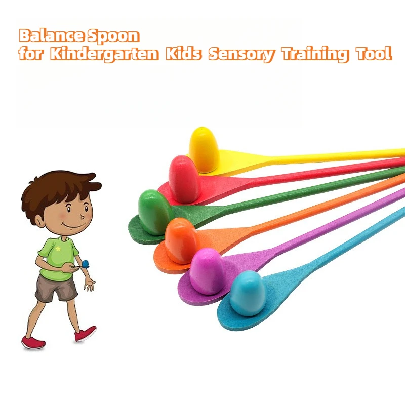 Juego de bolas de huevo con cuchara de equilibrio de madera para niños, juego de inteligencia corporal de entrenamiento sensorial, deportes al aire libre, juguetes educativos para guardería, 6 uds. - imagen 2