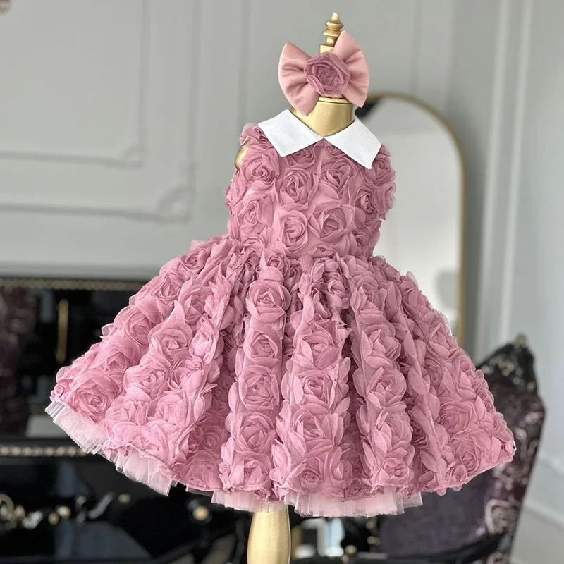 Vestido tutú con detalle de rosa para niñas pequeñas, vestido de princesa europea sin mangas para ocasiones especiales Vestido de Pascua de longitud media - imagen 2