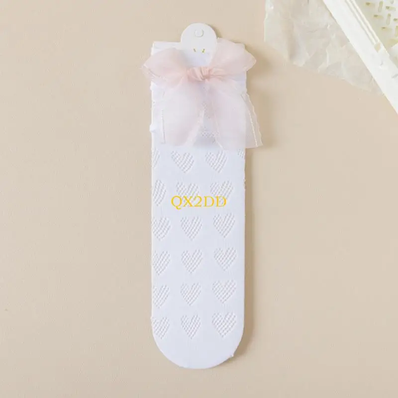 Ribrete encaje QX2D debajo calcetines rodilla con detalles volantes y detalles Bowknot para niñas dulce - imagen 3