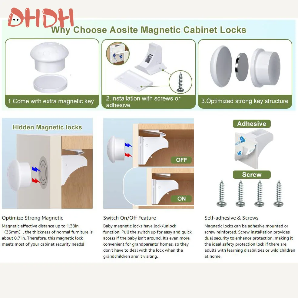 Nuevo estilo, cerradura de seguridad para bebés, cerraduras magnéticas invisibles, productos a prueba de bebés, accesorios de seguridad, autoadhesivo o tornillo fijo - imagen 3