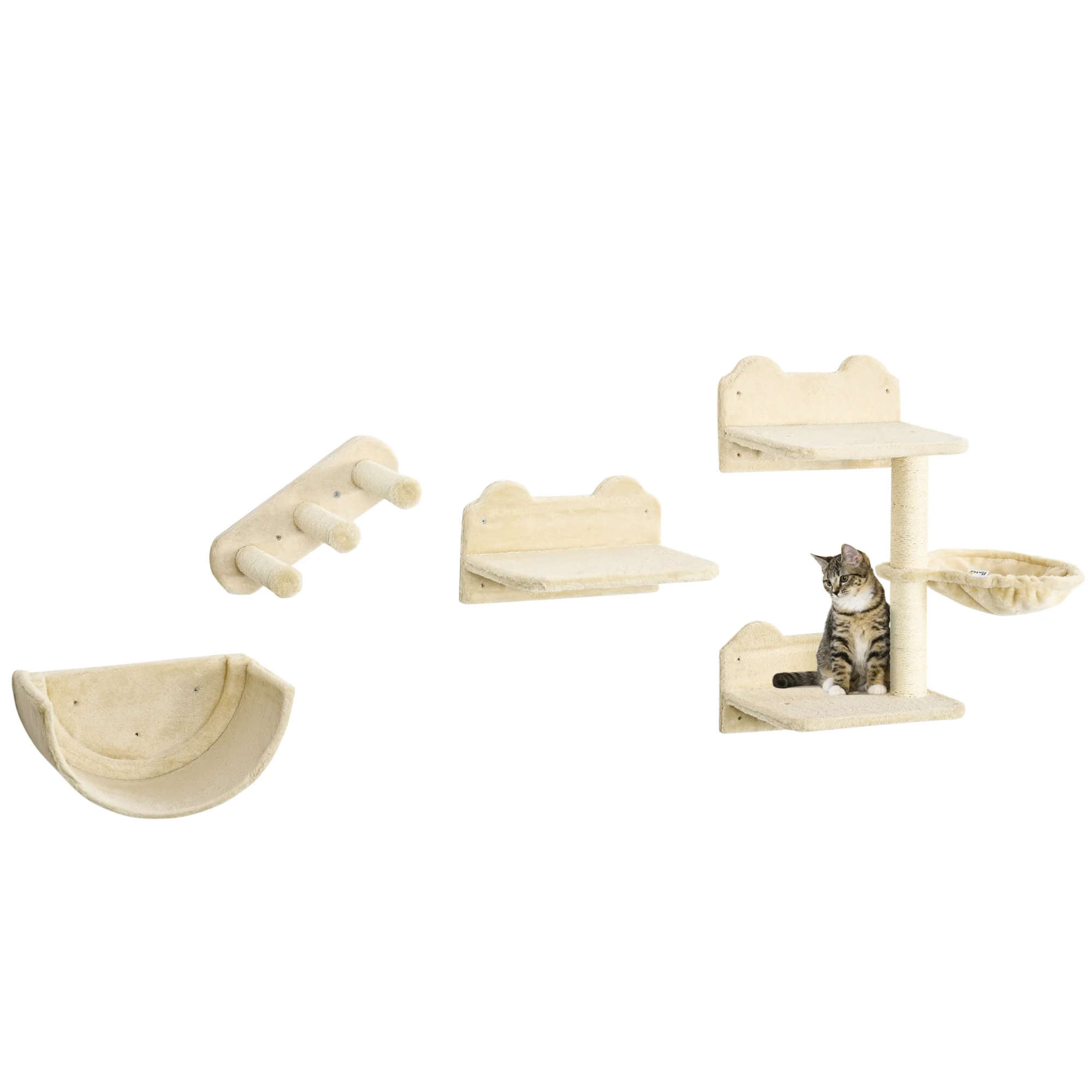 PawHut Estante de Escalada para Gatos de Pared Juego de Estantes para Gatos 4 Piezas con Hamaca Nido Rascador Plataformas para Saltar y Poste de Sisal Beige