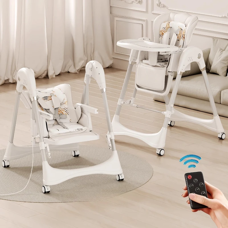 Mecedora eléctrica para bebé, asiento de alimentación multiinfantil de 4 ruedas, altura ajustable con cinturón de seguridad, cómodo reclinable ‌