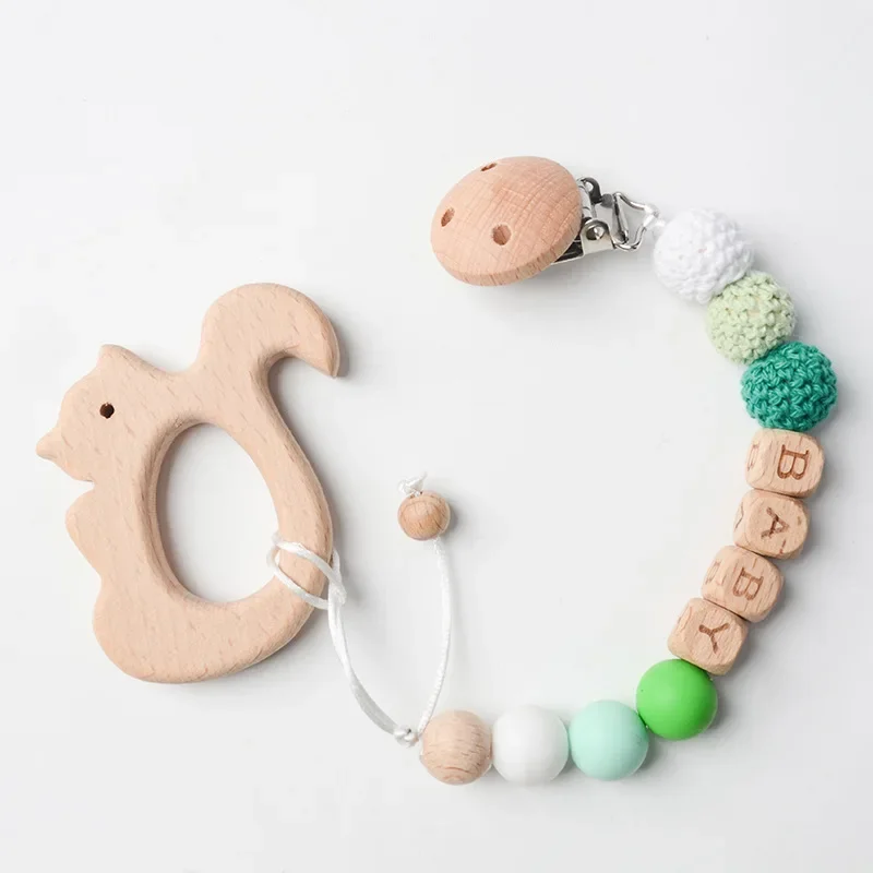 Kit informal de ganchillo para dentición de bebé, mordedor de madera de haya con Clip antipérdida, sonajero de hilo de algodón Natural, juego DIY para recién nacido
