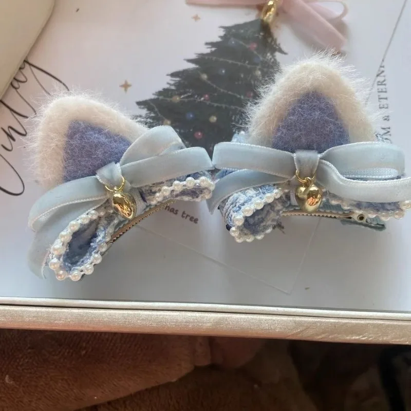 2 unids/set adorables pinzas para el pelo con lazo de oreja de gato para niños y niñas, pasador para el pelo de Furia de dibujos animados, agarre suave para bebé, regalo perfecto - imagen 2