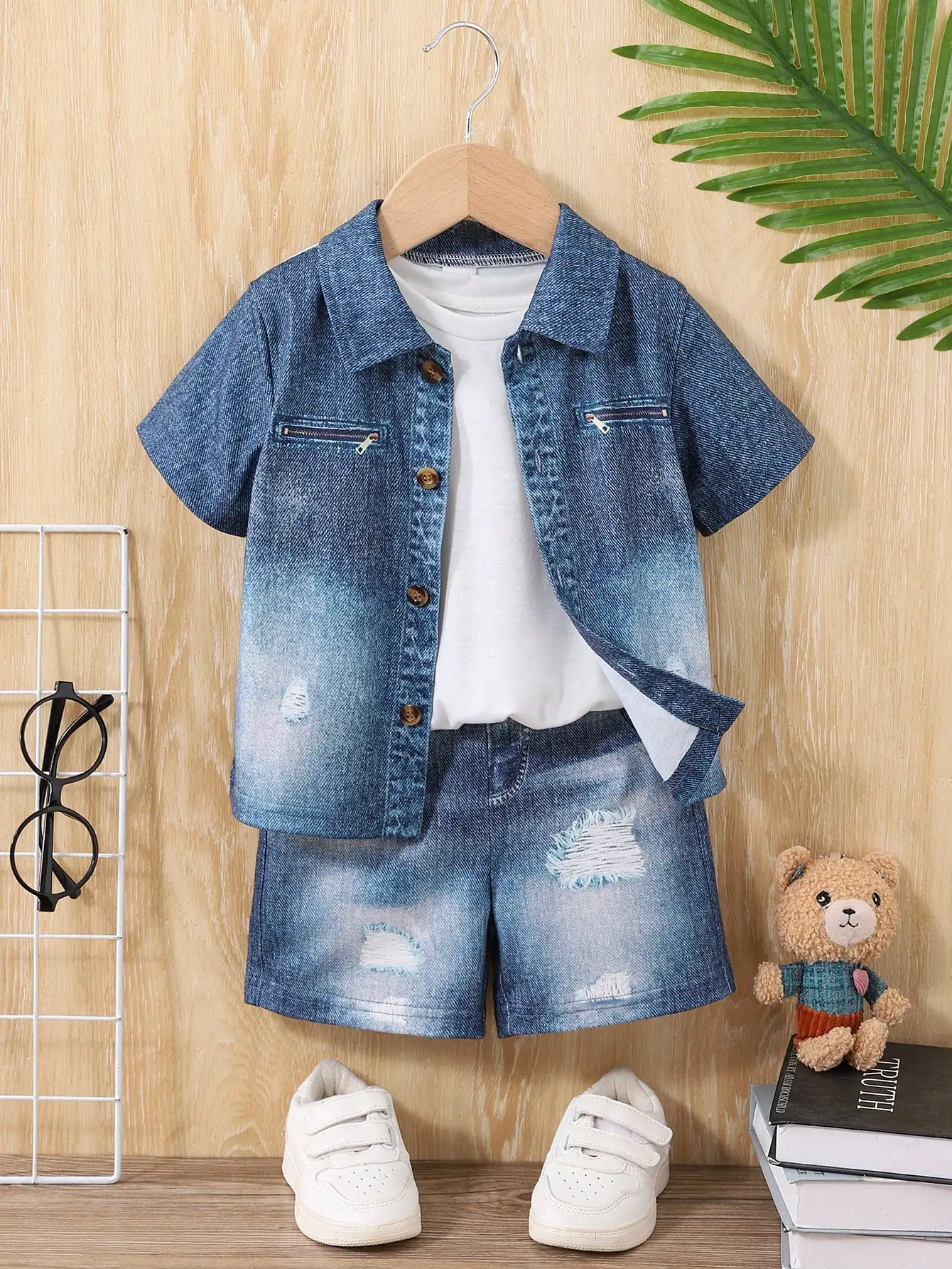 Pantalones cortos denim niño estilo retro con solapa y estampado digital - imagen 2