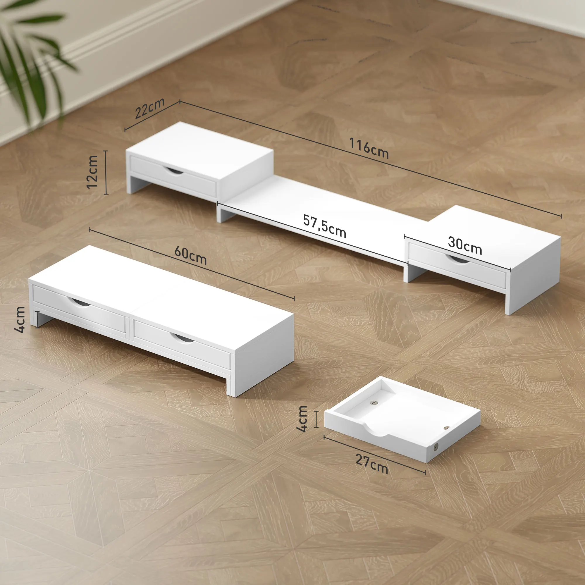 HOMCOM Elevador Monitor Ángulo y Longitud Ajustable Soporte para Monitor con 2 Cajones Soporte de Monitor Escritorio para Portátil Computadora PC 60-116x22x12 cm Blanco - imagen 3