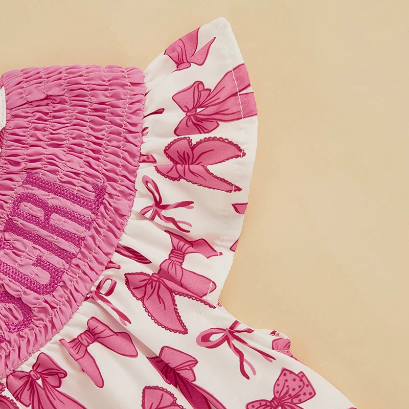 Suefunskry Mamelucos para niñas con letras bordadas y lazo/estampado floral, cuello redondo, manga con mosca, monos para bebés - imagen 3