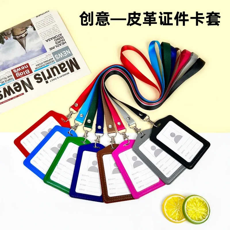 Portatarjetas de identificación de trabajo de cuero, cordón incluido, bolsa con etiqueta de nombre de cuero de vaca, estuche para tarjetas de visita de estilo minimalista Neutral - imagen 3